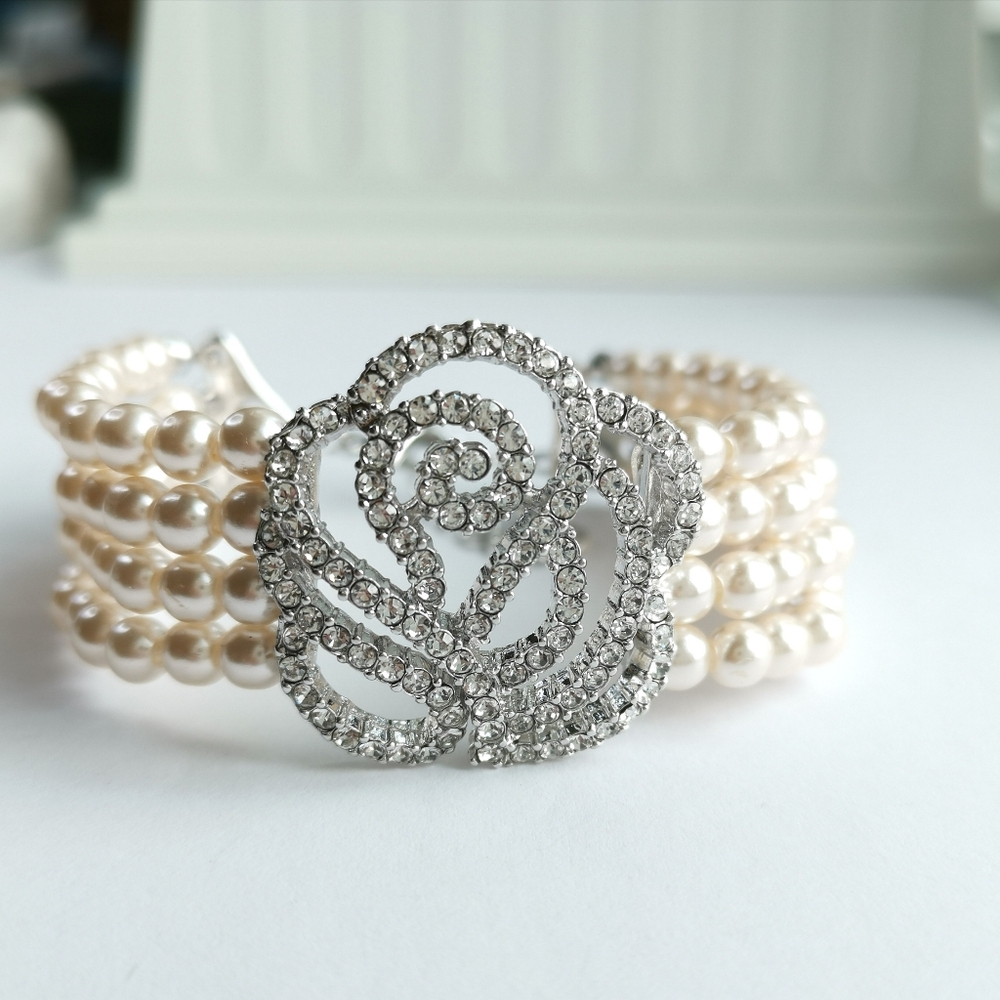 Crystal Rose Cream Pearl Cuff Bracelet 7 to 7.5 Inch